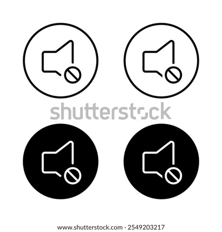 Mute speaker icon set on black circle. Volume off, no sound outline sign symbol