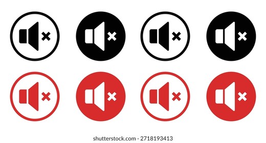 Mute speaker icon set, vector illustration of flat sound volume off symbols in black and red circles for silent mode, quiet zone, and audio disabled notification isolated on white background.