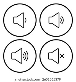 Desativar Mudo do design de arte vetorial de ícone de alto-falante. Ícone Som. Sinal de mudo do volume. Conjunto de vetores de volume de mudo de alto-falante de áudio. Design vetorial do ícone do alto-falante. Ícone de som, símbolo de volume, sinal de alto-falante, conjunto de controle de áudio. 