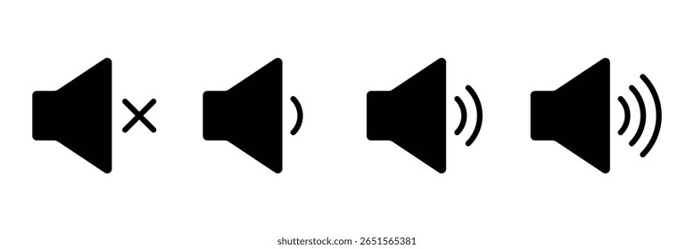 Desativar Mudo do design de arte vetorial de ícone de alto-falante. Ícone Som. Sinal de mudo do volume. Conjunto de vetores de volume de mudo de alto-falante de áudio. Design vetorial do ícone do alto-falante. Ícone de som, símbolo de volume, sinal de alto-falante, conjunto de controle de áudio. 