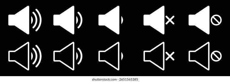 Desativar Mudo do design de arte vetorial de ícone de alto-falante. Ícone Som. Sinal de mudo do volume. Conjunto de vetores de volume de mudo de alto-falante de áudio. Design vetorial do ícone do alto-falante. Ícone de som, símbolo de volume, sinal de alto-falante, conjunto de controle de áudio. 