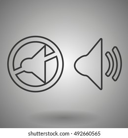 Mute speaker line icon on a gray background vector illustration.