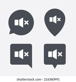 Mute speaker sign icon. Sound symbol. Map pointers information buttons. Speech bubbles with icons. Vector