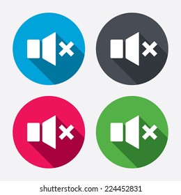 Mute speaker sign icon. Sound symbol. Circle buttons with long shadow. 4 icons set. Vector