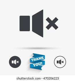 Mute speaker sign icon. Sound symbol. Flat icons. Buttons with icons. Thank you ribbon. Vector