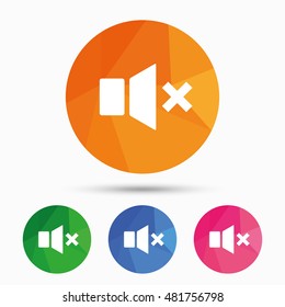 Mute speaker sign icon. Sound symbol. Triangular low poly button with flat icon. Vector