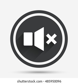 Mute speaker sign icon. Sound symbol. Circle flat button with shadow and border. Vector