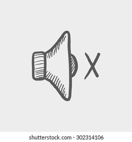 Mute Speaker Sketch Icon For Web And Mobile. Hand Drawn Vector Dark Grey Icon On Light Grey Background.