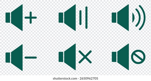 Mute speaker, sound off icon vector set collection. Volume, audio sign symbol. Sound icon, volume symbol, speaker sign, audio control icon set.  