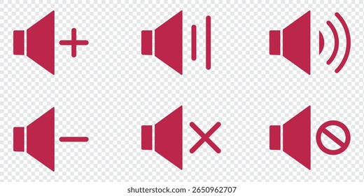 Mute speaker, sound off icon vector set collection. Volume, audio sign symbol. Sound icon, volume symbol, speaker sign, audio control icon set.  