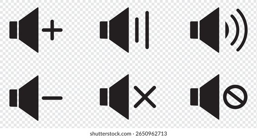 Mute speaker, sound off icon vector set collection. Volume, audio sign symbol. Sound icon, volume symbol, speaker sign, audio control icon set.  