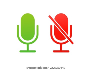 Silenciar y desactivar iconos vectoriales planos de micrófono de audio para aplicaciones de vídeo y sitios web. Ilustración del vector