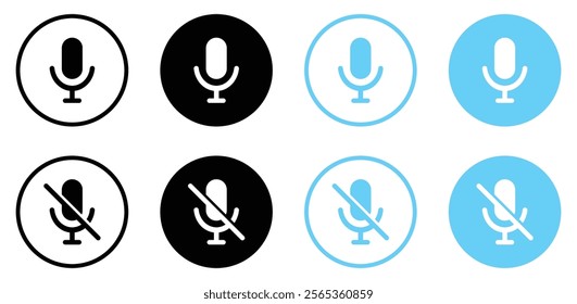 Mute and unmute icon set in black and blue circle. Microphone icon set with different style. On and off mute buttons. Flat design. Vector illustration.