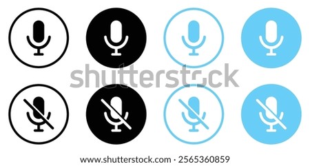 Mute and unmute icon set in black and blue circle. Microphone icon set with different style. On and off mute buttons. Flat design. Vector illustration.