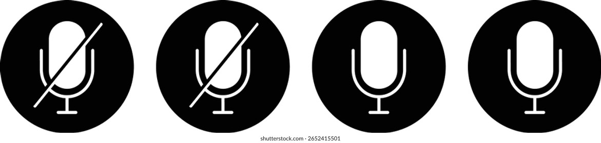 mudo e ativar mudo do conjunto de ícones Microfone. Capturando áudio, áudio Podcast e música, sinal de ícones de microfone, ilustração vetorial de símbolo de microfone,
