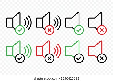 Mute and unmute volume sound. Speaker Set Icon. Noise icon, speaker icon. Sound symbol. Audio control icon set. Vector Illustration