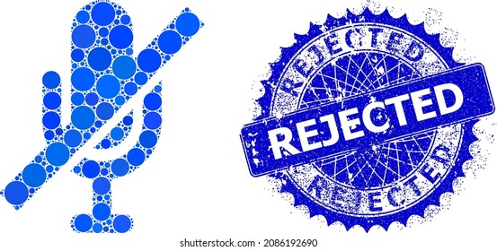 Mute vector composition of round dots in various sizes and blue color shades, and grunge Rejected stamp. Blue round sharp rosette stamp has Rejected caption inside.