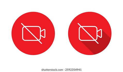 Mute video call outline icon with long shadow. Off camera sign symbol on red circle