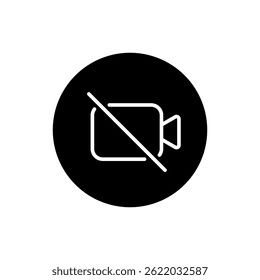Mute video call outline icon on black circle. Camera off sign symbol