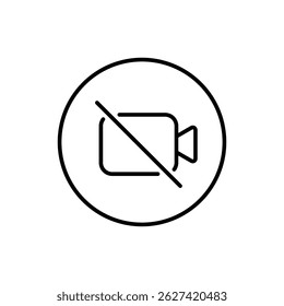 Mute video call outline icon on circle line. Camera off sign symbol