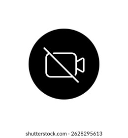 Mute video call outline icon on black circle. No camera sign symbol