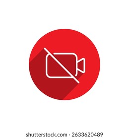 Mute video call outline icon with long shadow. No camera sign symbol