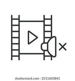 Vídeo sem áudio, em design de linha. Sons desativados, silêncio em vídeo, áudio sem áudio, sem som, ícone de vídeo sem áudio, volume desativado no vetor de fundo branco. Ícone de traçado editável de vídeo sem áudio.