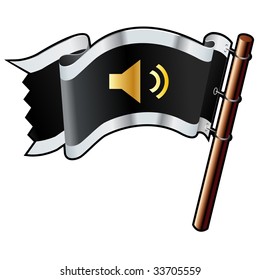 Mute or volume control media player icon on black, silver, and gold vector flag good for use on websites, in print, or on promotional materials