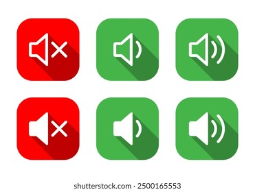 Mute and volume speaker icon set with long shadow