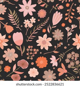 Muted Autumn Floral Seamless Vector Pattern – Dark Background Botanical Design