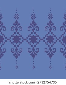Muted blue Thai geometric pixel art pattern with soft tones, decorative motifs, and a calm minimalist style suitable for textiles, décor, and modern design projects.