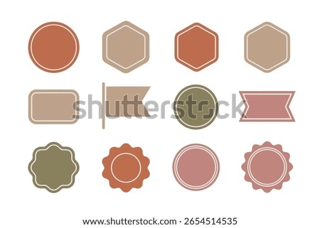 Muted color badge and label collection, award and achievement icons, shield, ribbon, rosette, vector illustration, classic design