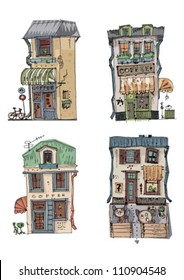 muted color cafe facades - cartoon