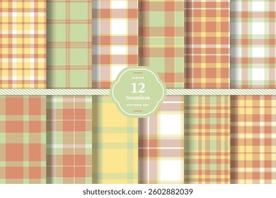 Muted Coral Tartan patterns fabric texture. Modern Pale Ruby Seamless Tartan Set of 12