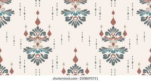 A muted and earthy ikat pattern featuring stylized floral elements in soft blue, brown, and beige tones. The design offers a rustic yet refined look, perfect for textiles, home decor