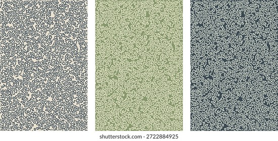 Textura de grãos suavizados definida em tons de cinza, sábio e ardósia. Superfície de ruído suave exibida como painéis verticais limpos. Ideal para fundos, cartazes e design gráfico moderno.
