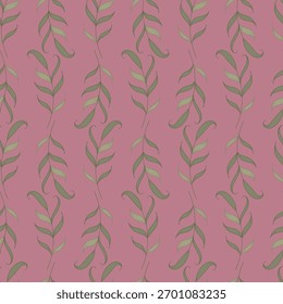 A Muted Mauve Background Featuring Vertical Vines of Sage Green Leaves from Hand Drawn Art Creating a Seamless Pattern Print