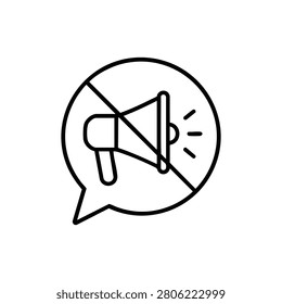Muted megaphone inside speech bubble, muted megaphone outline icon for blocked announcement, no news alert and silent message