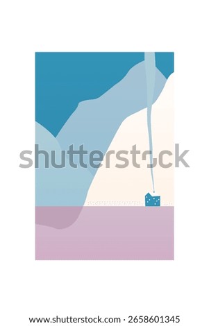 Muted Minimalist Mountain Landscape Poster. Stylish minimalist mountain view with trees, muted winter tones, serene atmosphere.