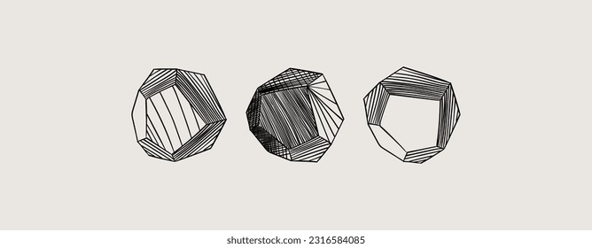 Muted pale brown background. Faceted stones drawn with hatching. Black lines. Art design for print, cover, wallpaper, minimal and natural wall art.
