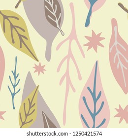 Muted pastel colored leaves on a light background, Pretty hand-drawn seamless vector pattern, great for springtime occasions. Perfect for invitations, gift wrapping paper, home decor and fashion uses.