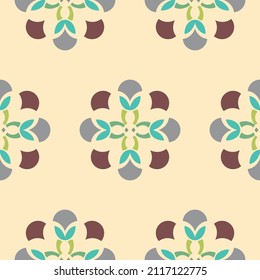 Muted shades geometric shapes vector repeat pattern in green, blue and maroon on a cream background