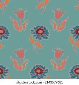 Muted shades vector repeat floral pattern with pink, turquoise and orange flowers on an aqua green background