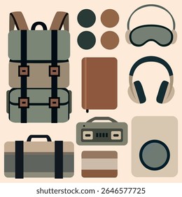 Muted tone vector set of modern travel gear, featuring backpack, suitcase, headphones, duffel bag, notebook, and sleep mask. Perfect for planner stickers, digital kits, or adventure branding.