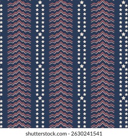 Muted vintage-estilo USA padrão com listras de ziguezague e estrelas em vermelho retro, marinha e bege. Perfeito para a decoração nostálgica de 4 de julho, têxteis e artesanato.