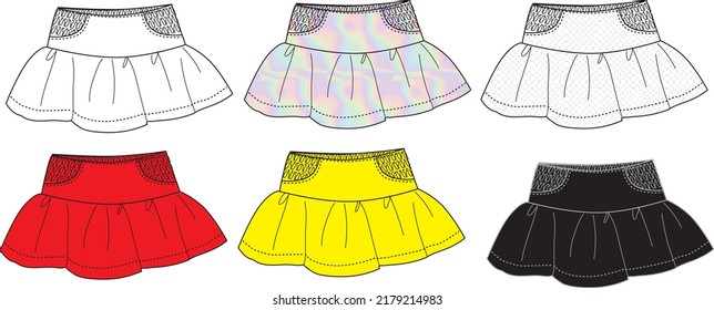 Muti patterned flared skirt kid button wear holographic skirt trend fashion design technique flat design template