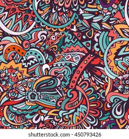 muticolor geometric shapes waves and lines background. Decorative hand drawn doodle ornamental curl vector sketchy seamless pattern