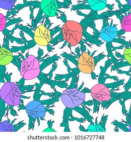 Muticolored flowers pattern on white background. Seamless flower background.