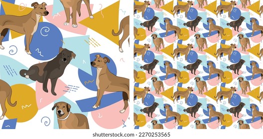 Mutt dog summer pastel wallpaper. Holiday abstract circles, squares, spirals, confetti. seamless background, repeatable pattern. Birthday wallpaper, Christmas present, print tiles. Geometric style.