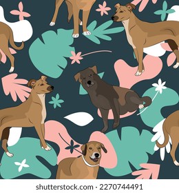 Mutt dog wallpaper with leaves, palms, flowers, plants. Pastel green, pink, navy. Holiday abstract natural shapes. Seamless floral background with dogs, repeatable pattern. Birthday wallpaper. 